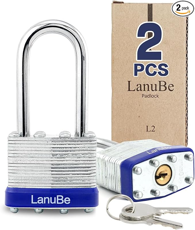 LanuBe Laminated Padlock 1-9/16inch Long Shackle 2 Pack Keyed Alike, Bulk Locks by LanuBe
