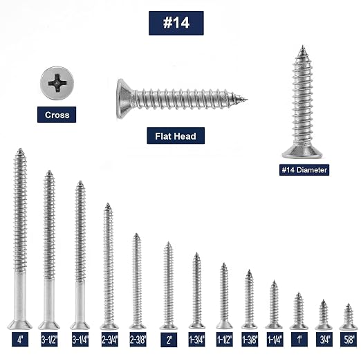 #14 x 5/8" Wood Screw 100Pcs 18-8 Stainless Steel Screws Flat Head Phillips - Image 3